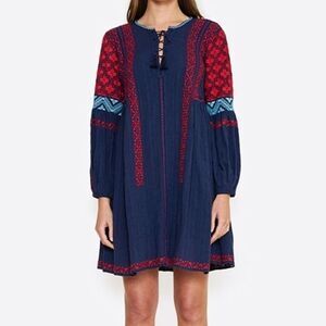 Ulla Johnson Yelena Dress XS 0 Navy Embroidered Boho Tunic Long Sleeve Peasant